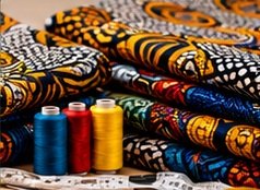 Textile materials, thread and tools on a worktable