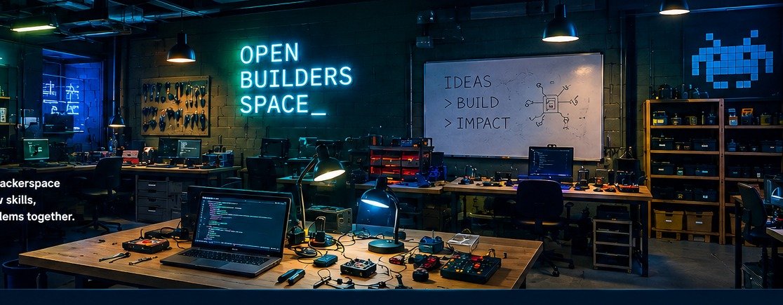 A hackerspace workshop with workbenches, tools, electronics and computers
